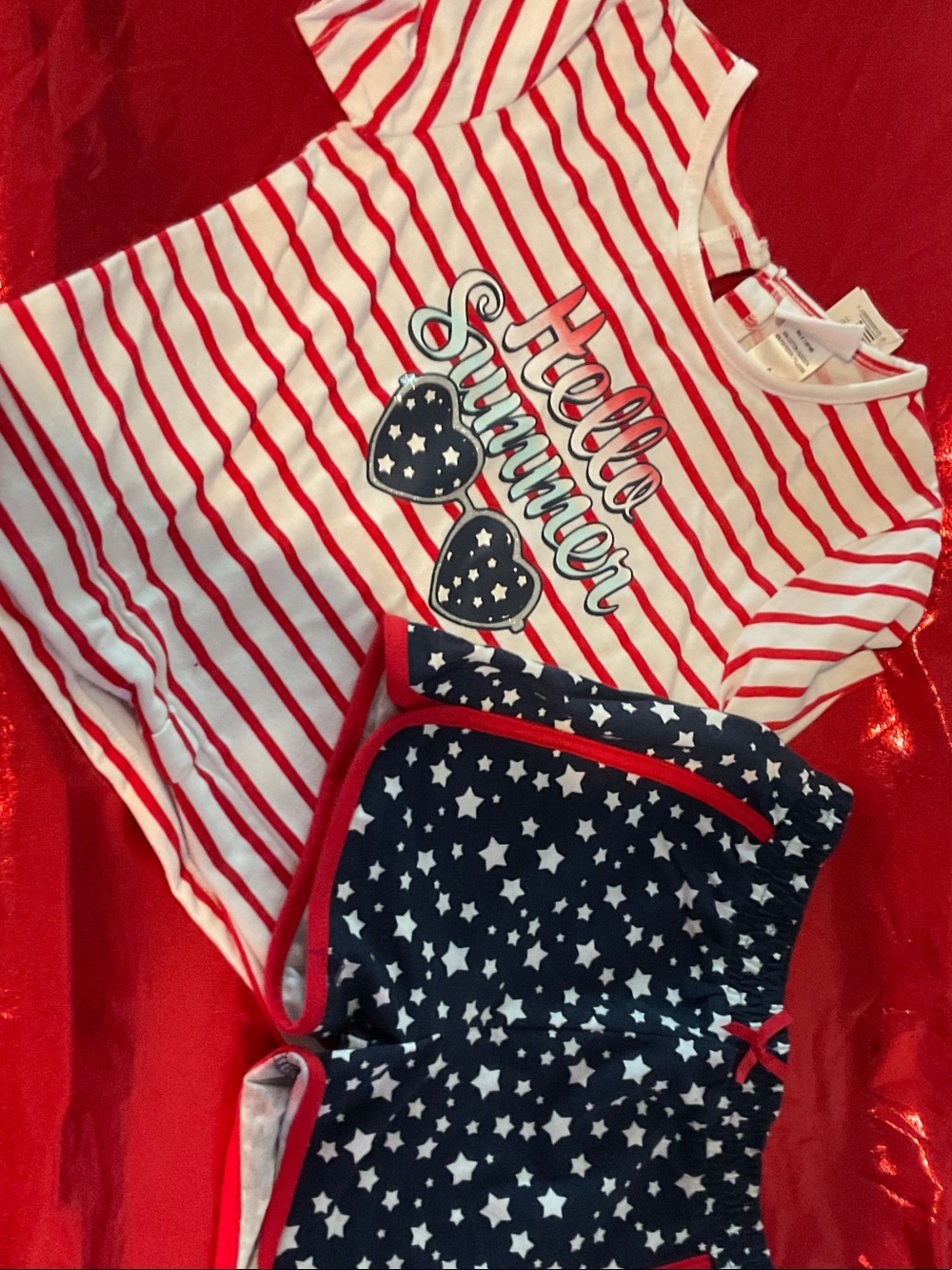 Little Lass Red and White Striped "Hello Summer" Top with Navy Star Shorts